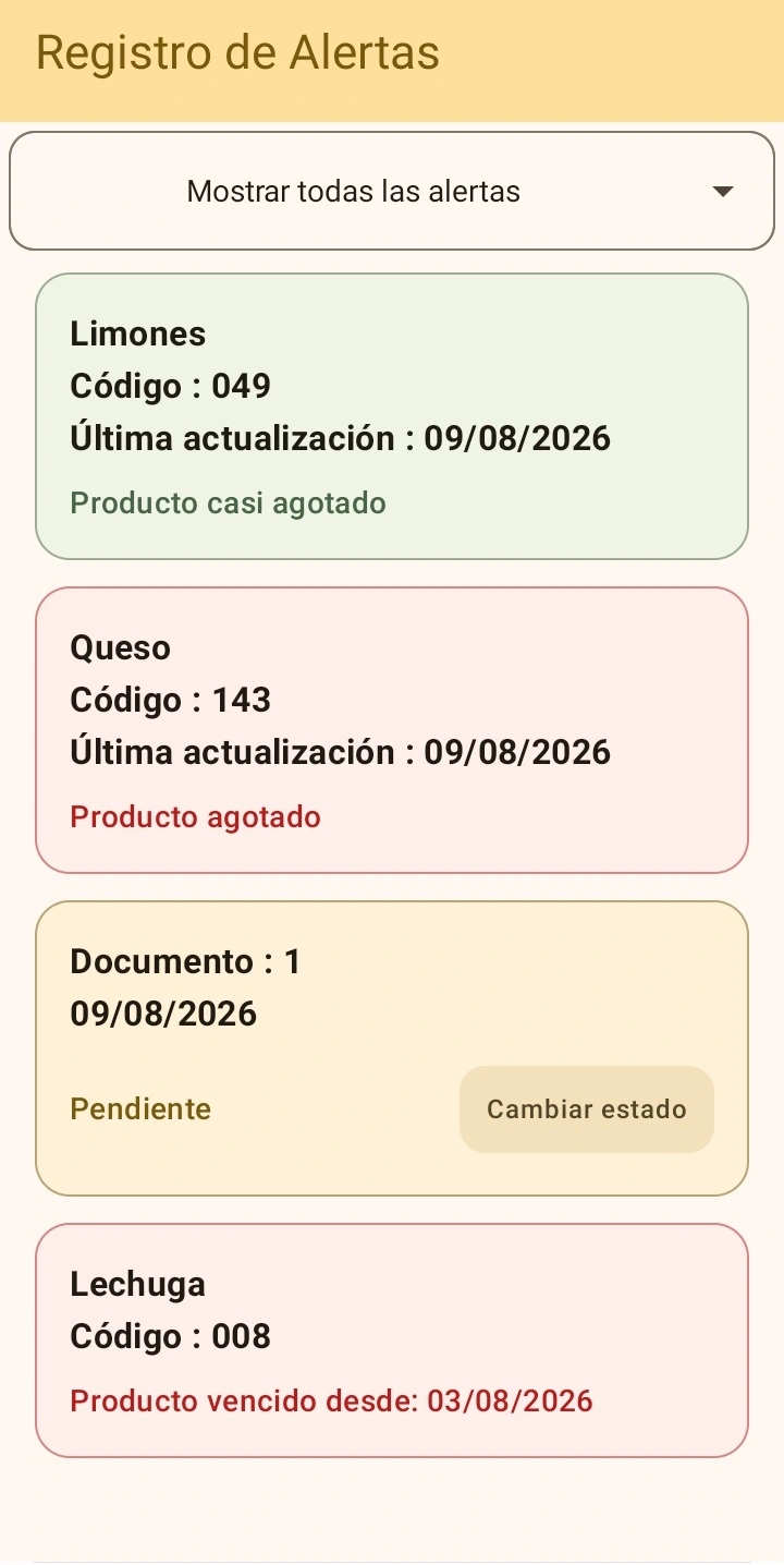 Registro de alertas e inventario pendiente en Finzaly